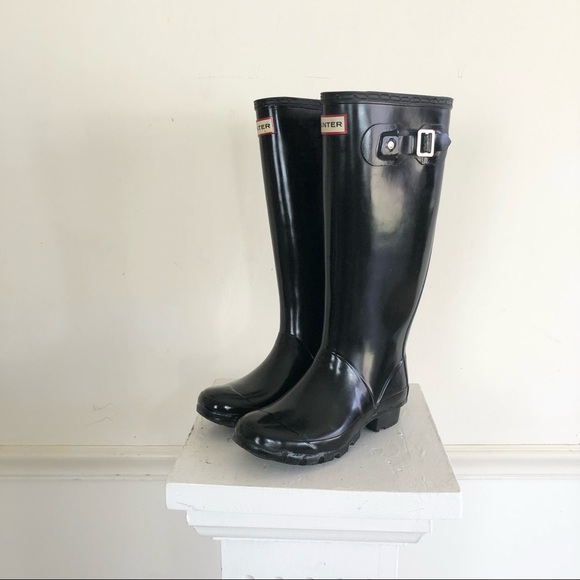 Hunter Other - Hunter TALL glossy black rain boots size 4 GIRLS